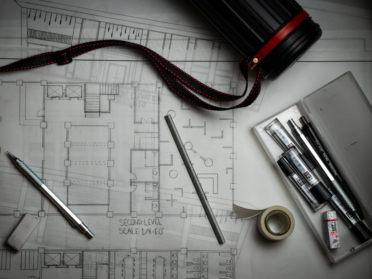Architectural blueprints with drafting tools